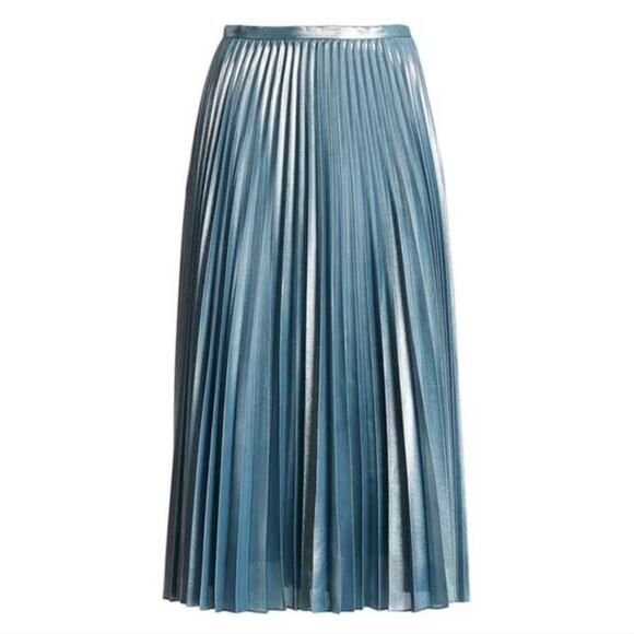 NEW Lauren Ralph Lauren Blue Metallic Pleated Chiffon Midi Skirt - Picture 4 of 15
